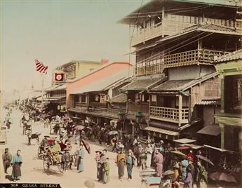 (JAPAN--TOKYO, KYOTO, AND MORE) A lovely Japanese album with approximately 50 hand-colored photographs depicting geishas, lush landscap